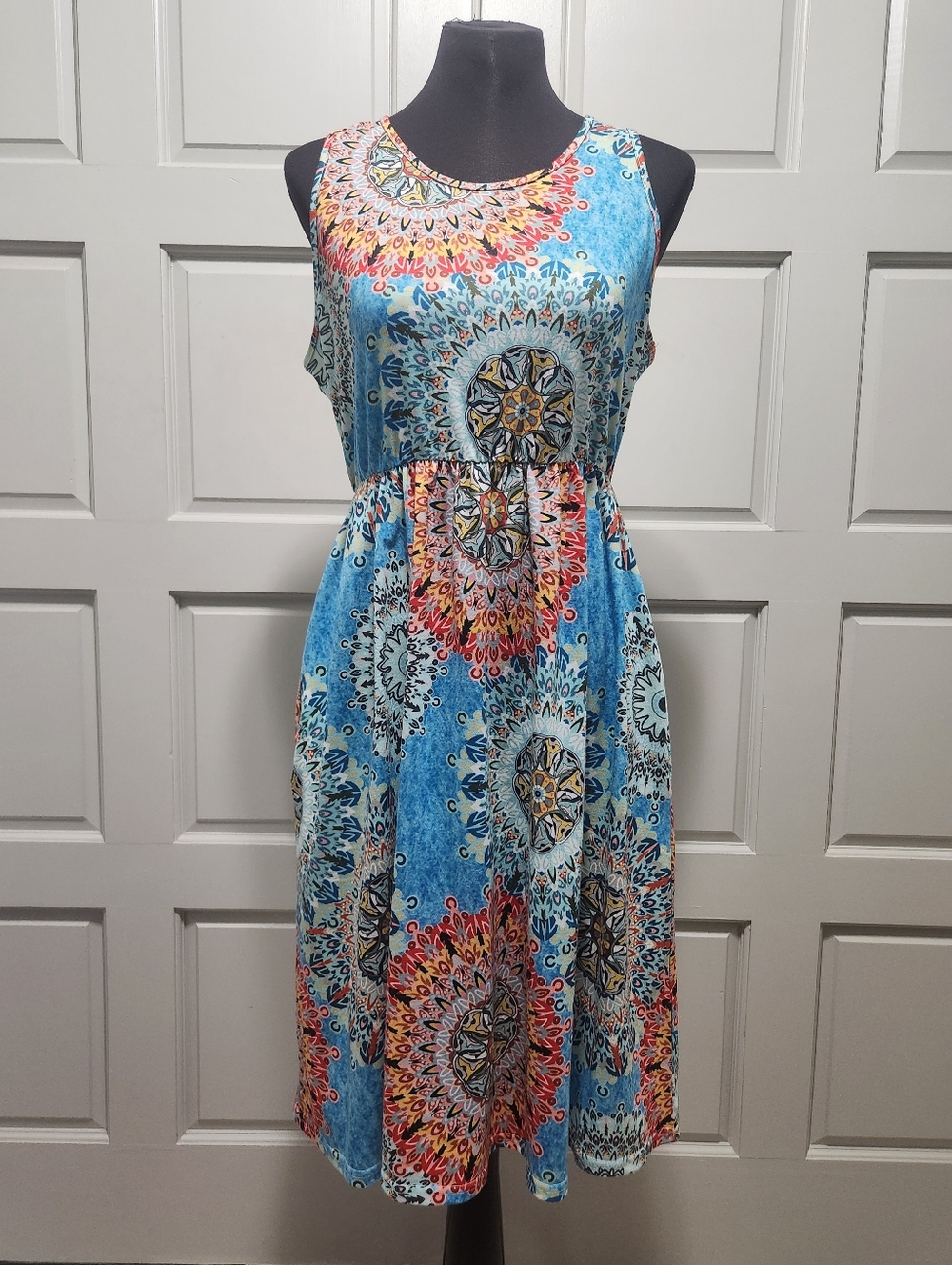 Ours Sleeveless Summer Tank Midi Sundress Pockets Women Large Bohemian Print